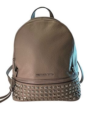 MICHAEL KORS Rhea Zip Studded Backpack Pebbled Leather Bag Pearl Gray- 12"